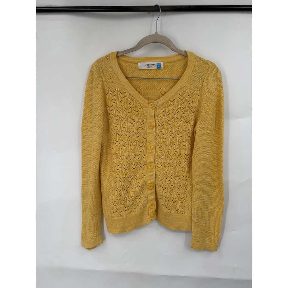 Anthropologie Sparrow Cardigan Women M Mustard Yellow Wool Pointelle Knit Boho
